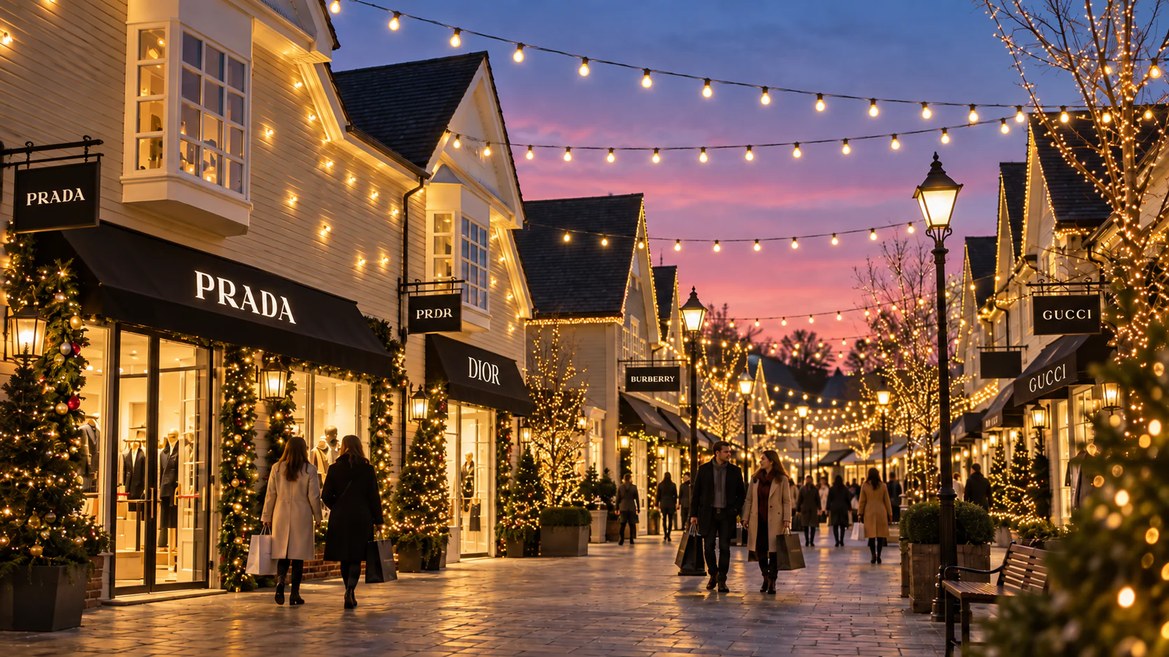 Bicester Village illuminated for an evening shopping trip