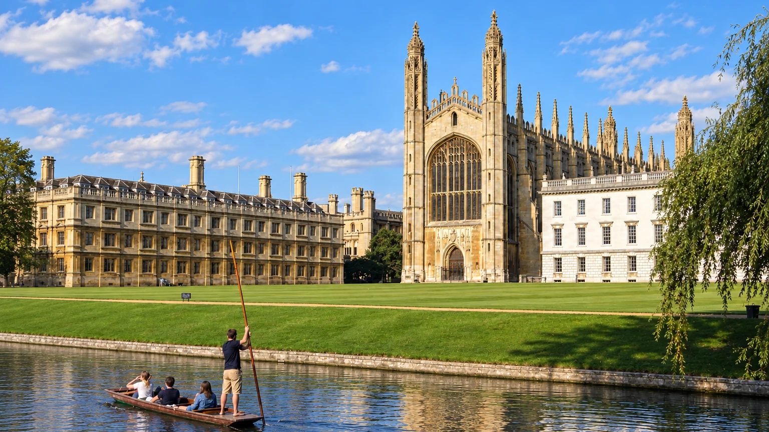 Cambridge college buildings beside a punt on the River Cam